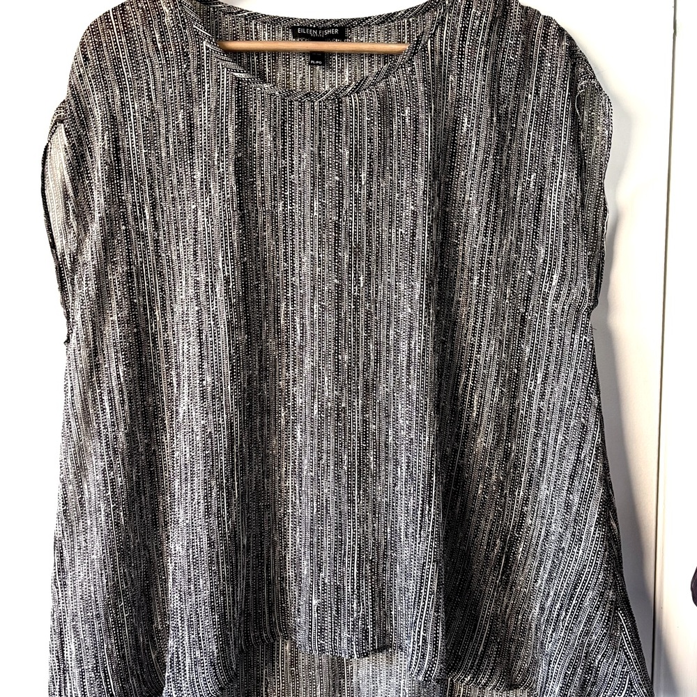 Eileen Fisher Black & Off White Dot/Dash Silk Blouse - Picture 10 of 11